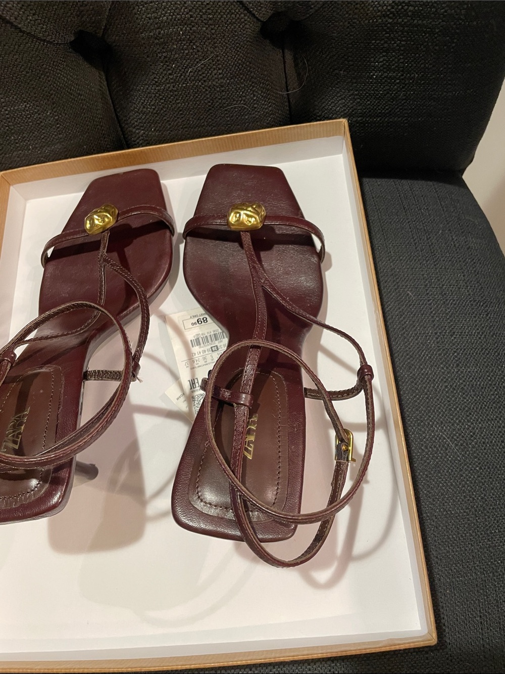 Zara Dark Brown Strappy Square-Toe Heeled Sandals with Gold Accents - Picture 7 of 8